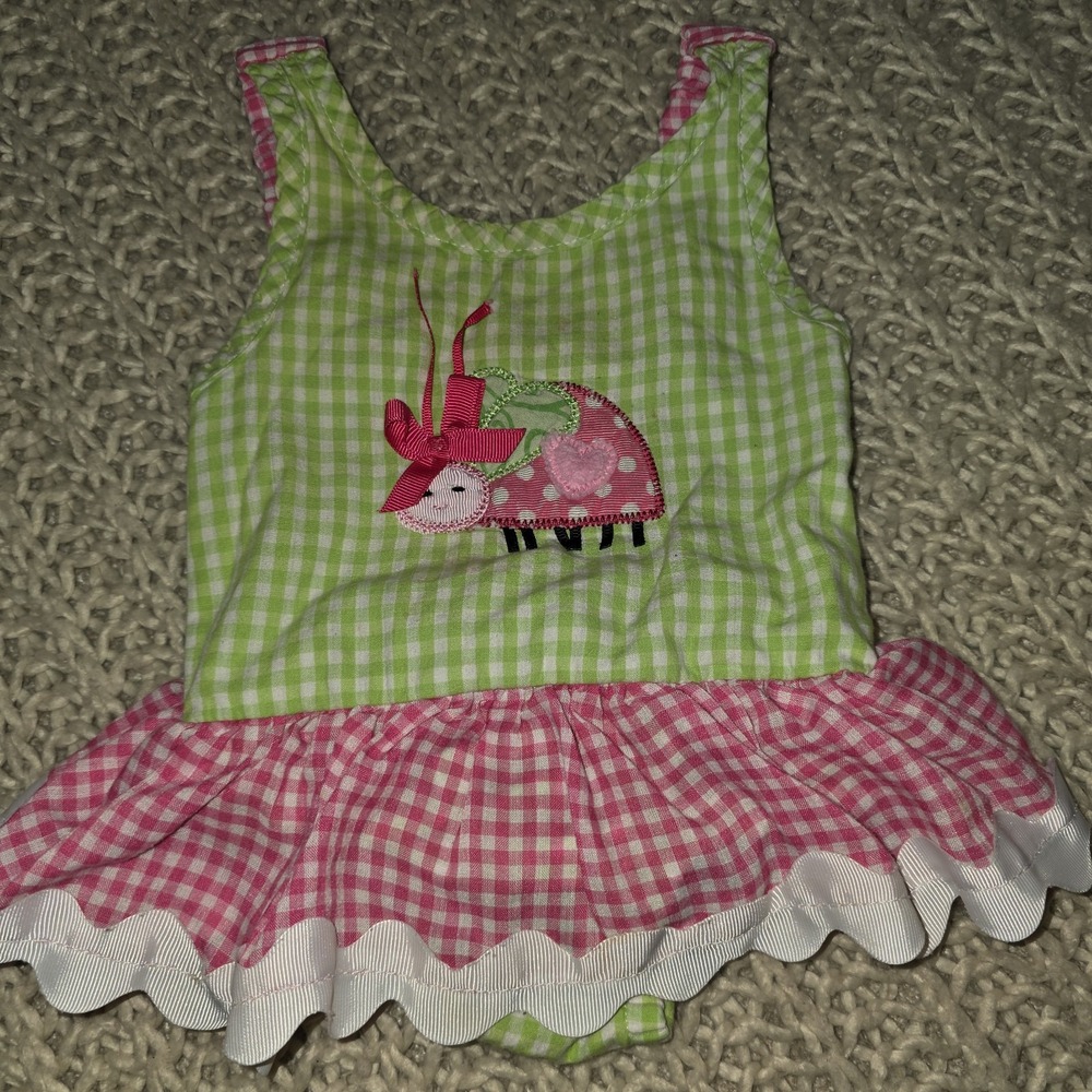 MUD PIE Baby Infant Girl Swimsuit 9 to 12 Months Pink & Green Checks Bubble EUC